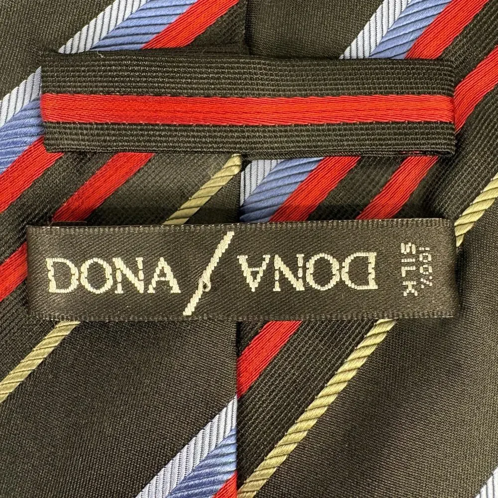 Dona Black Silk Striped Men's Tie Hand Made Diagonal Red Blue Gold NWT 58